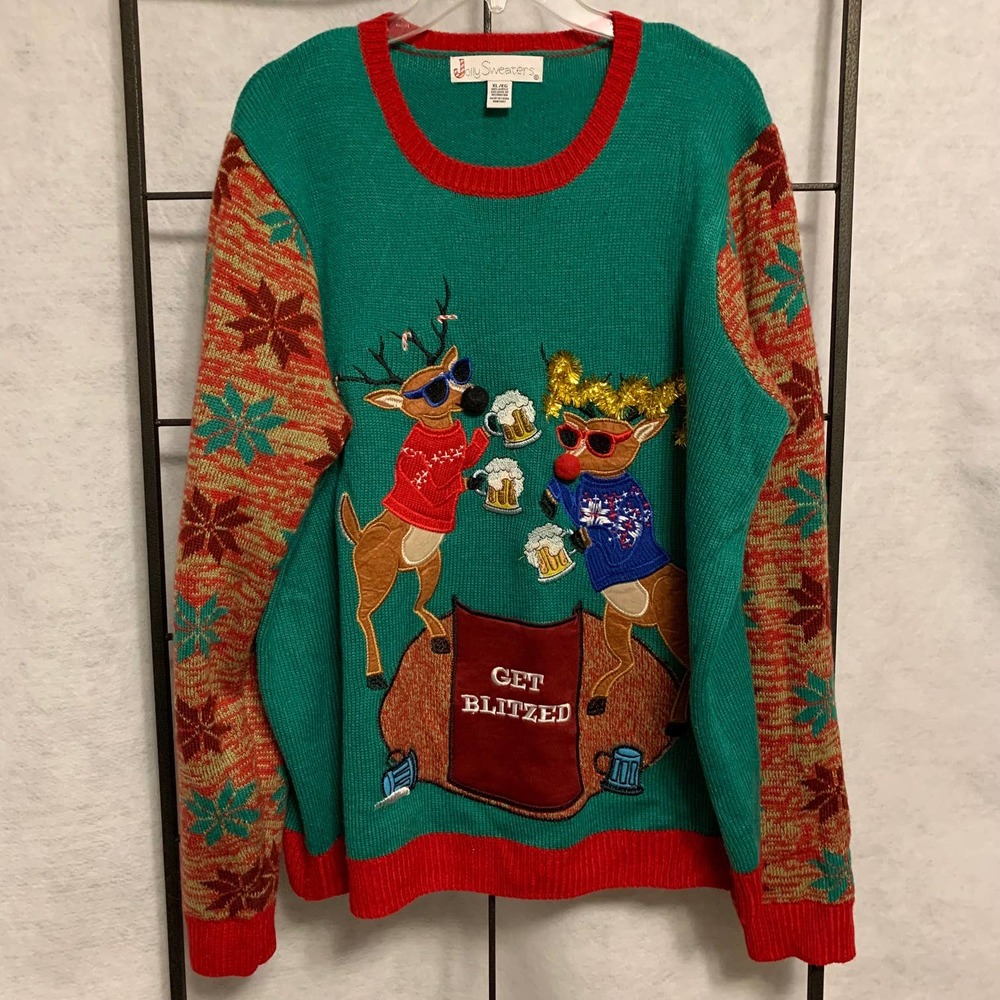 Get Blitzed Reindeer Christmas Sweater with Beer Pocket‎ Size XL